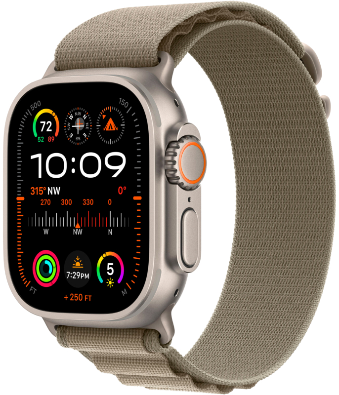 Фото Apple Watch Ultra 2 GPS + Cellular, 49 мм, корпус из титана, ремешок Alpine цвет оливковый, L На фото изображено Apple Watch Ultra 2 GPS + Cellular, 49 мм, корпус из титана, ремешок Alpine цвет оливковый, L