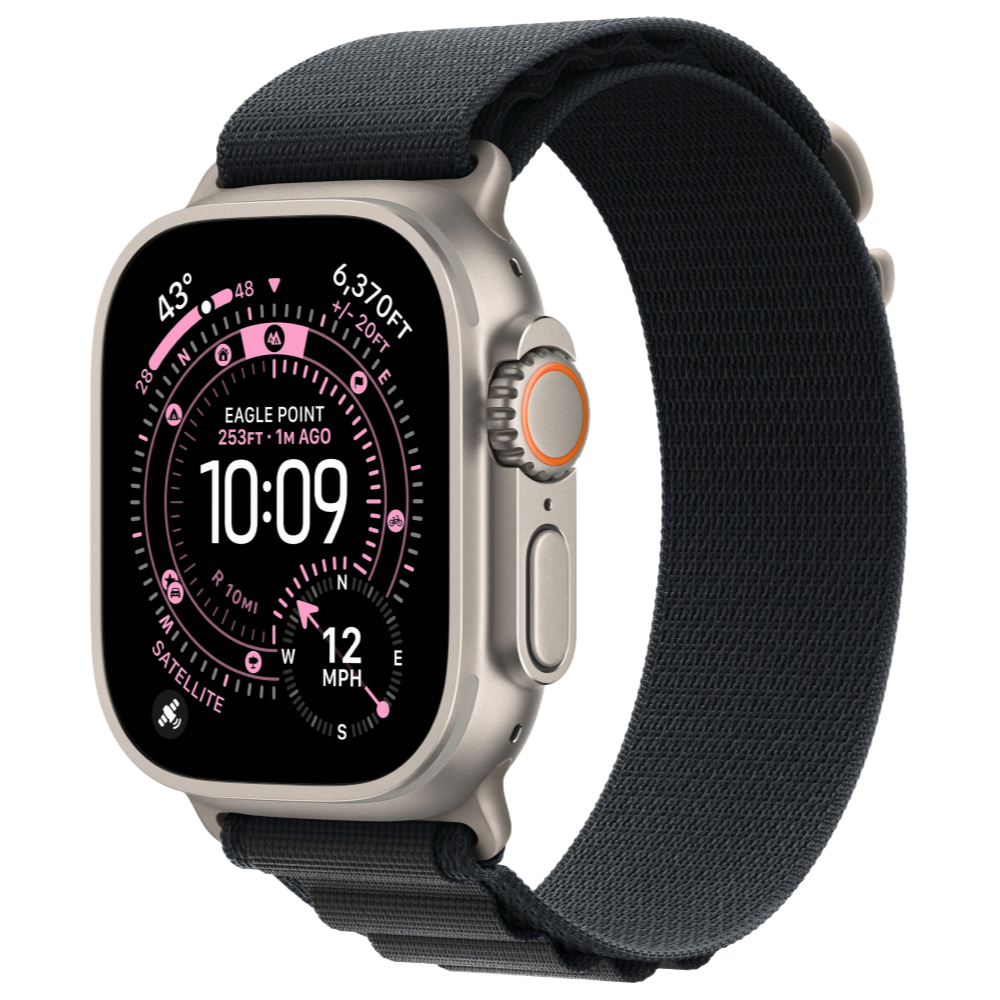 Фото Apple Watch Ultra 3 GPS + Cellular, 49 мм, корпус из натурального титана, ремешок Alpine, цвет чёрный, S На фото изображено Apple Watch Ultra 3 GPS + Cellular, 49 мм, корпус из натурального титана, ремешок Alpine, цвет чёрный, S